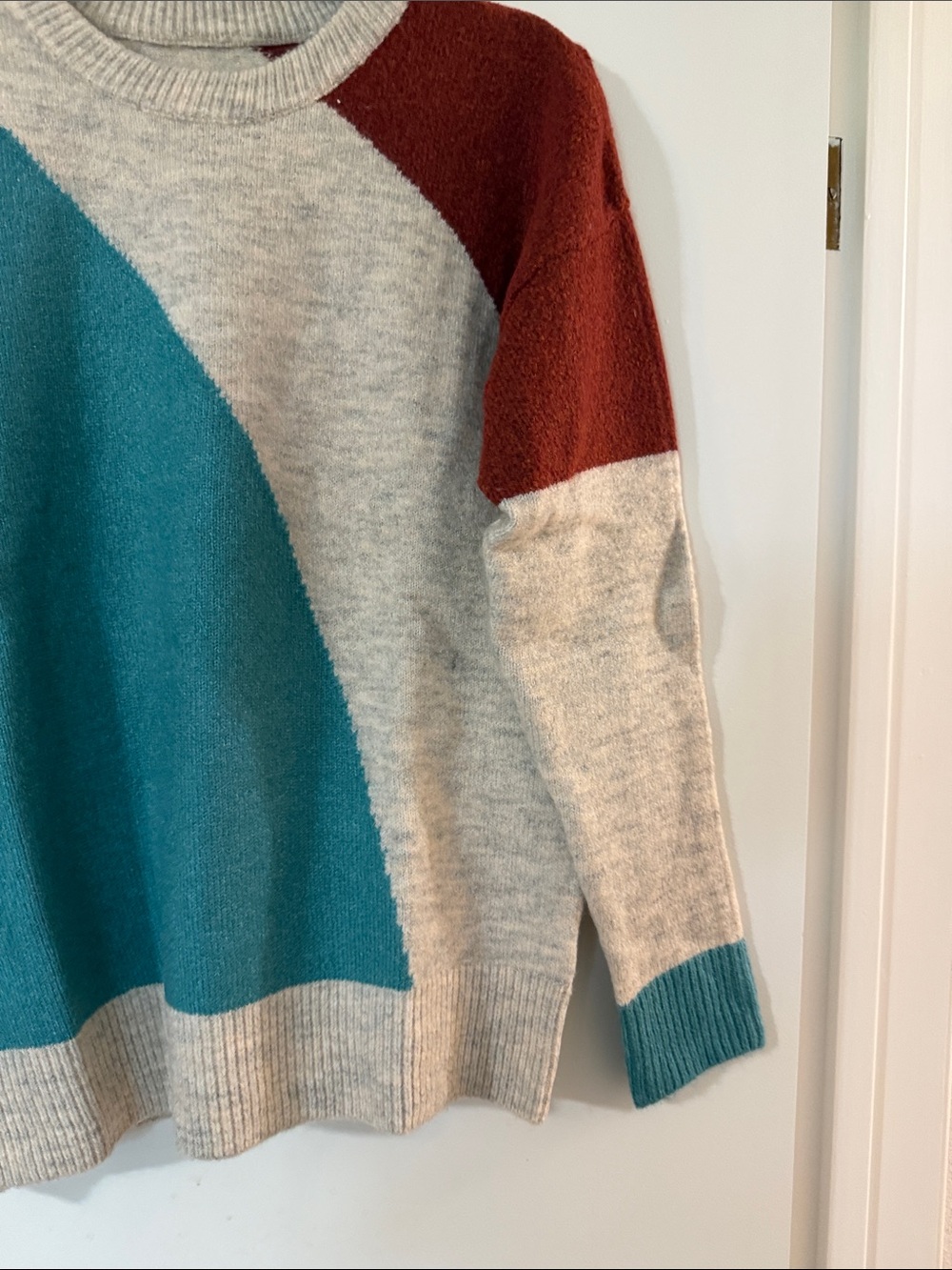 Women's Colorblock Crewneck Sweater in Teal, Cream & Rust - Picture 3 of 6